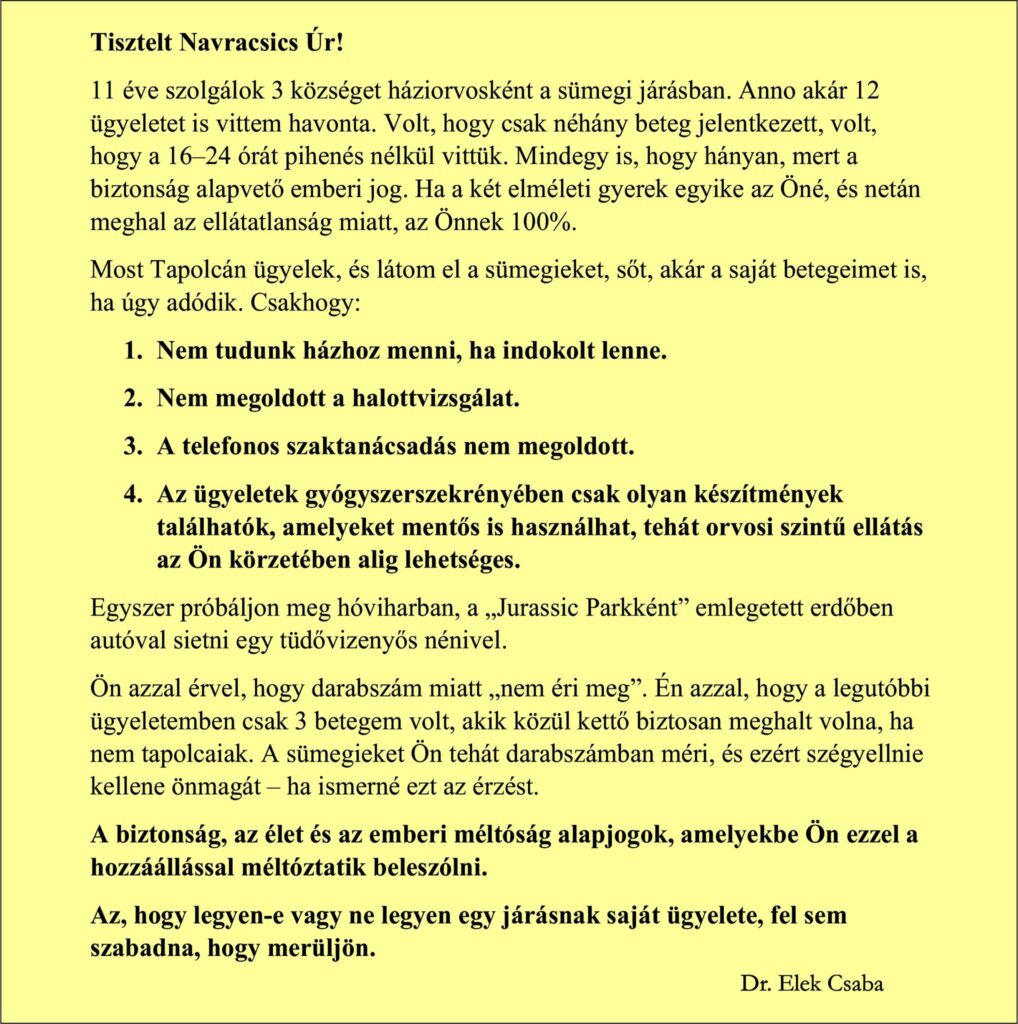 dr. Elek Csaba levele