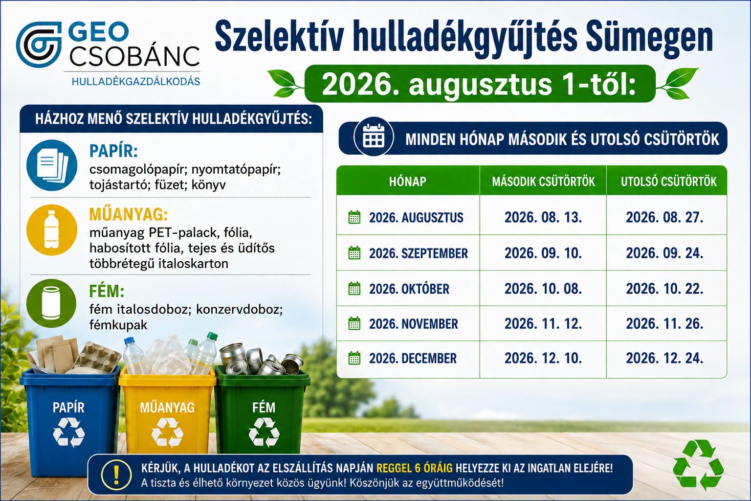 Tájékoztatás a szelektív hulladékgyűjtés időpontjairól