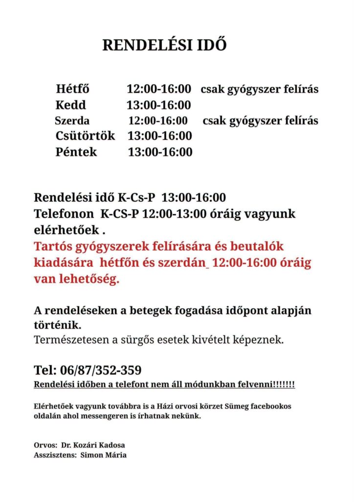 Háziorvos rendelési idő